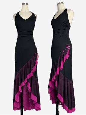 Vintage Y2K City Triangles Black mesh halter pink ruffle floral sequin dress XS